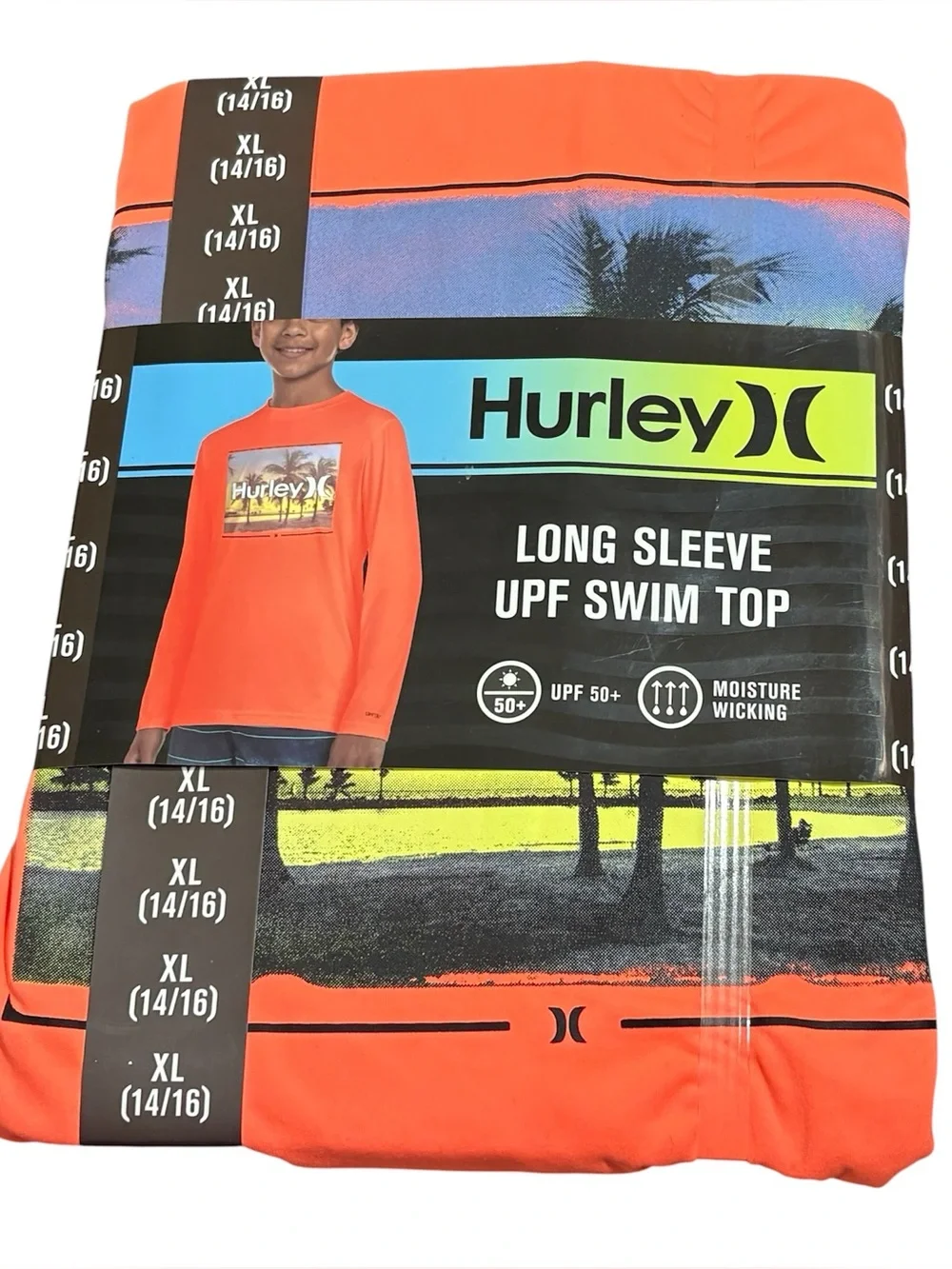 Hurley Boys Long Sleeve UPF 50+ Swim Top in Vibrant Orange Size XL 14-16 NEW